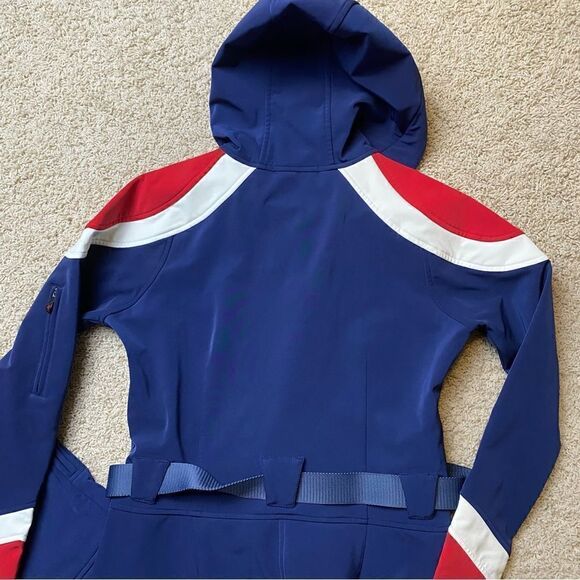 Women’s Perfect Moment Allos Ski Suit Navy Blue Red EUC Large Belted Ski Suit - Picture 7 of 13